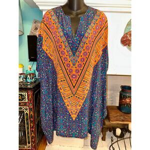 TOLANI 100% SILK INDIA BLOCK PRINT KAFTAN CAFTAN MINI DRESS TUNIC XS OVERSIZED